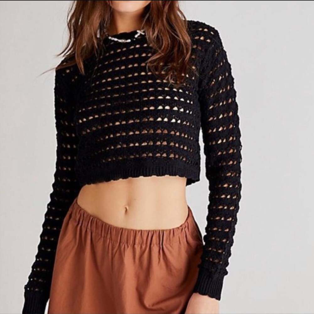 Free People Beach - Crochet Cropped Sweater Black Open Knit LARGE